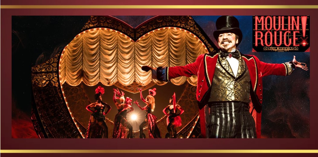 Scene from 'Moulin Rouge! The Musical' featuring a vibrant stage filled with performers in elaborate costumes, showcasing a dazzling array of colors and lights. The iconic windmill backdrop is illuminated, creating a romantic and energetic atmosphere. The cast is engaged in a dynamic dance routine, embodying the spirit of love and creativity central to the story