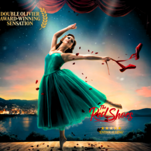 Ballerina in a dramatic red dress poised on stage during Matthew Bourne’s multi-award-winning ballet The Red Shoes, based on Hans Christian Andersen’s classic tale.
