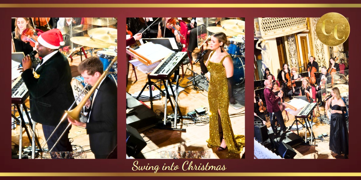 A festive invitation to a swing music concert celebrating the Christmas season