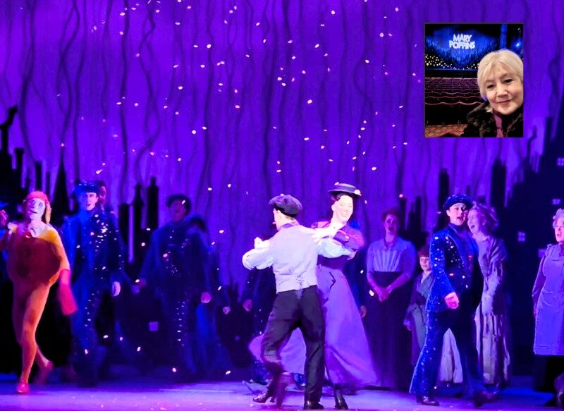 Mary Poppins and Bert dancing on stage.