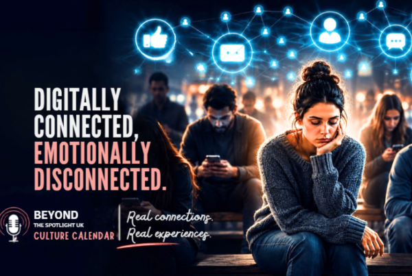 Person surrounded by digital devices while live entertainment and audience connection appear in the background