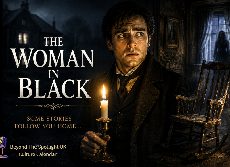 Frightened man holding a candle in the dark in The Woman in Black theatre experience
