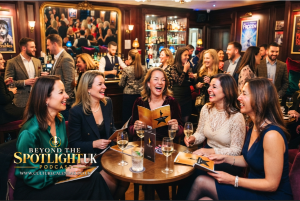 Bustling theatre bar with lots of laughter, discussion on Hamilton The Musical brochure