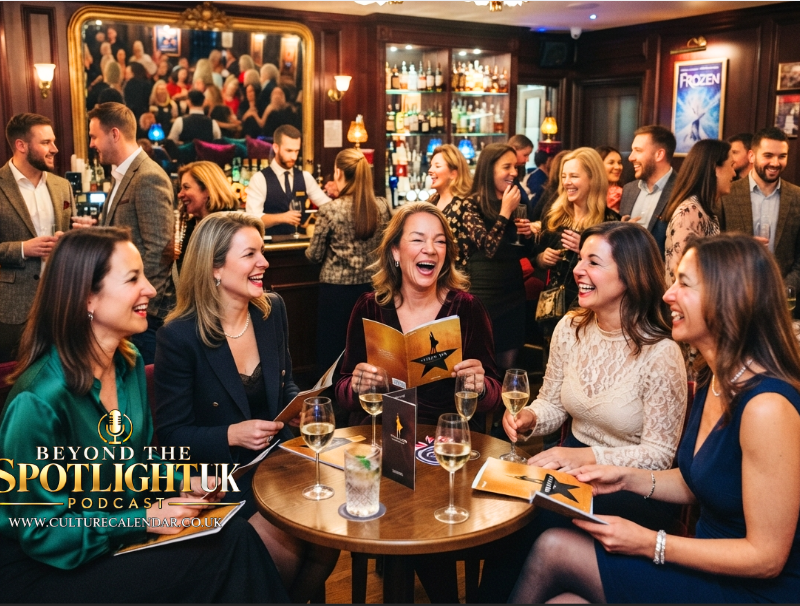 Bustling theatre bar with lots of laughter, discussion on Hamilton The Musical brochure